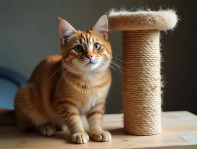 Ginger Tabby Cat Sitting Next To A Scratching Post