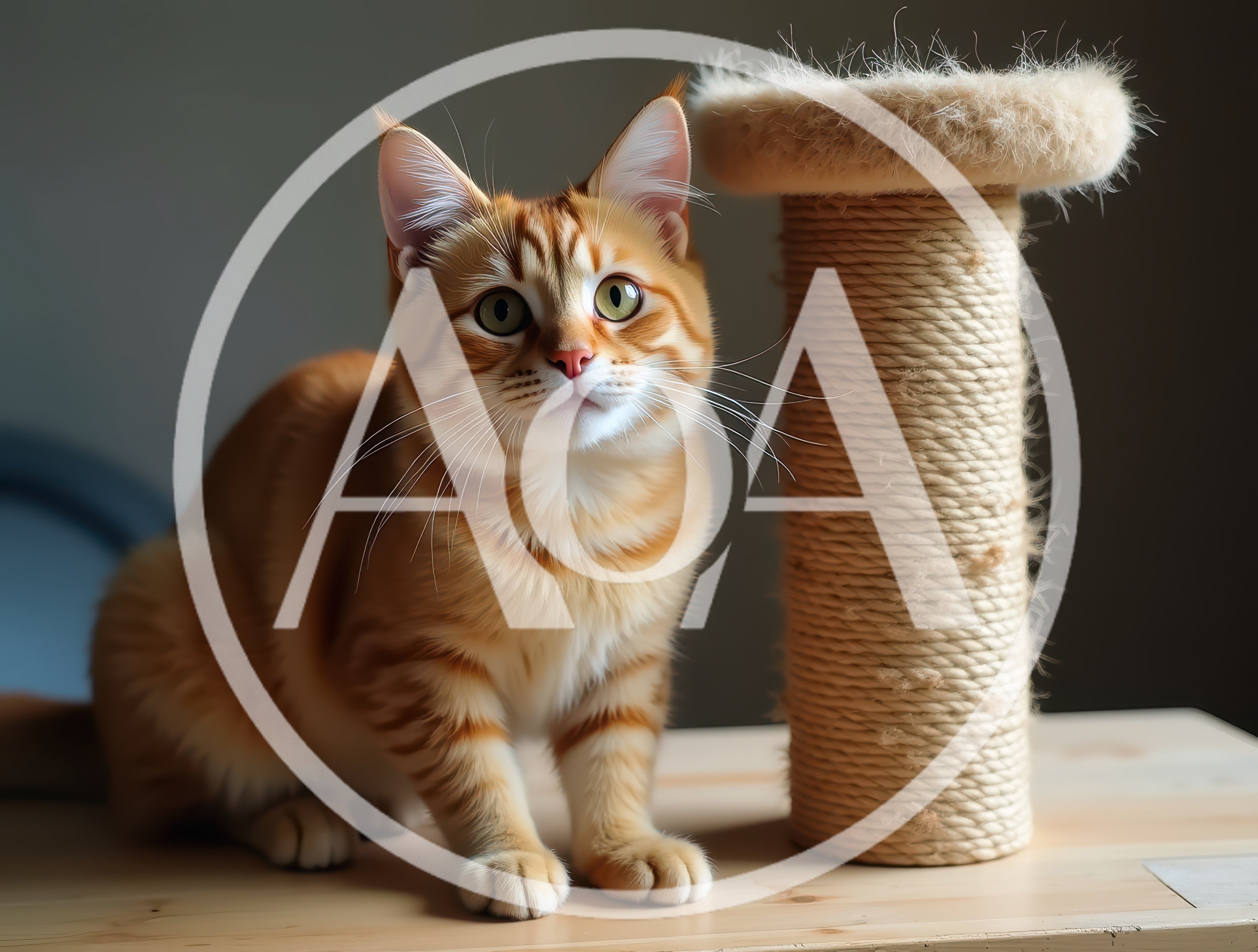 Ginger Tabby Cat Sitting Next To A Scratching Post