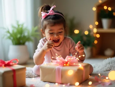 Toddler Girl Excitedly Opening A Gift With Fairy Lights