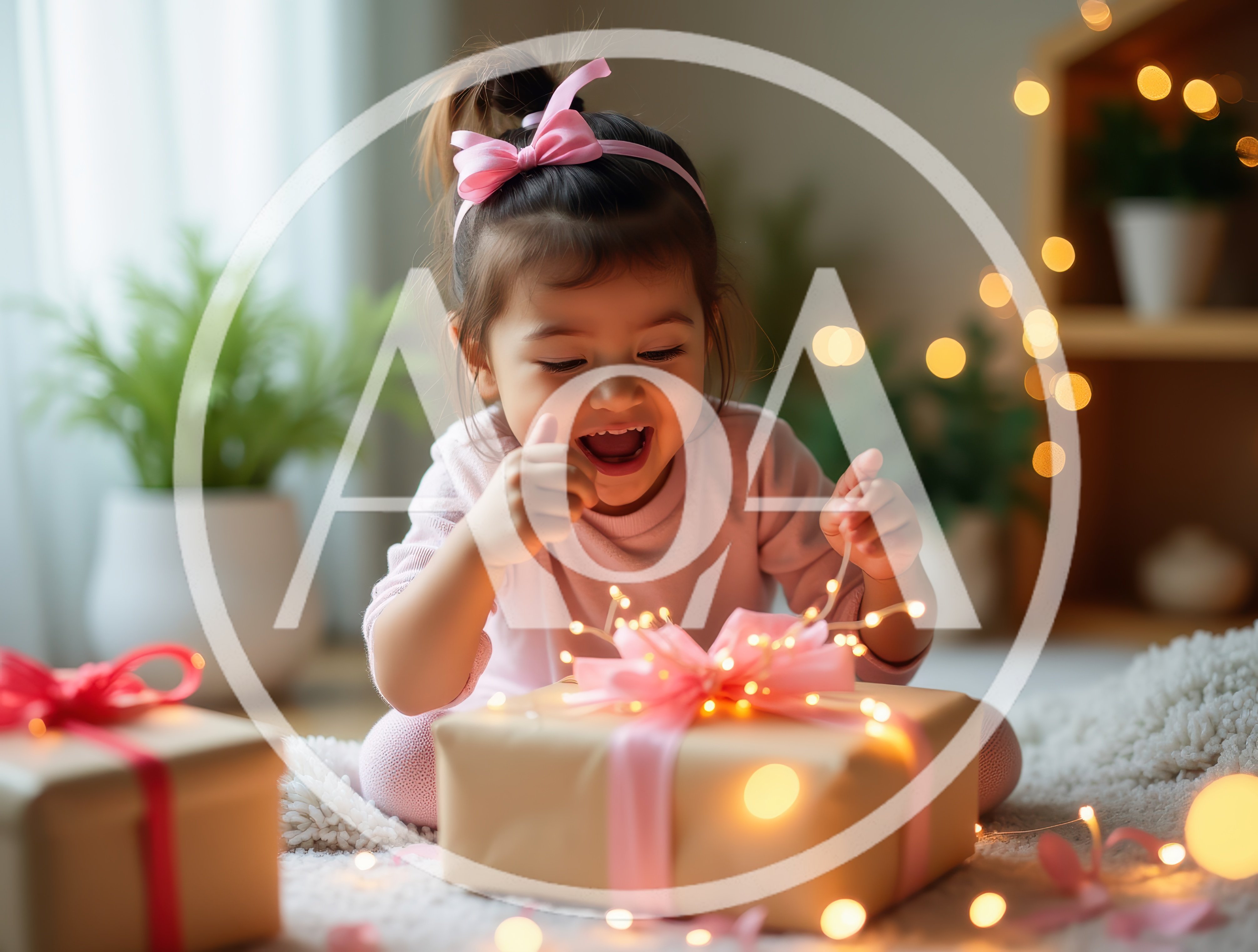 Toddler Girl Excitedly Opening A Gift With Fairy Lights