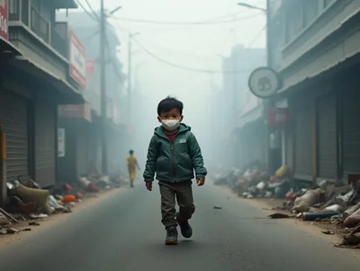 Young Boy Walking Through Smoggy Urban Street