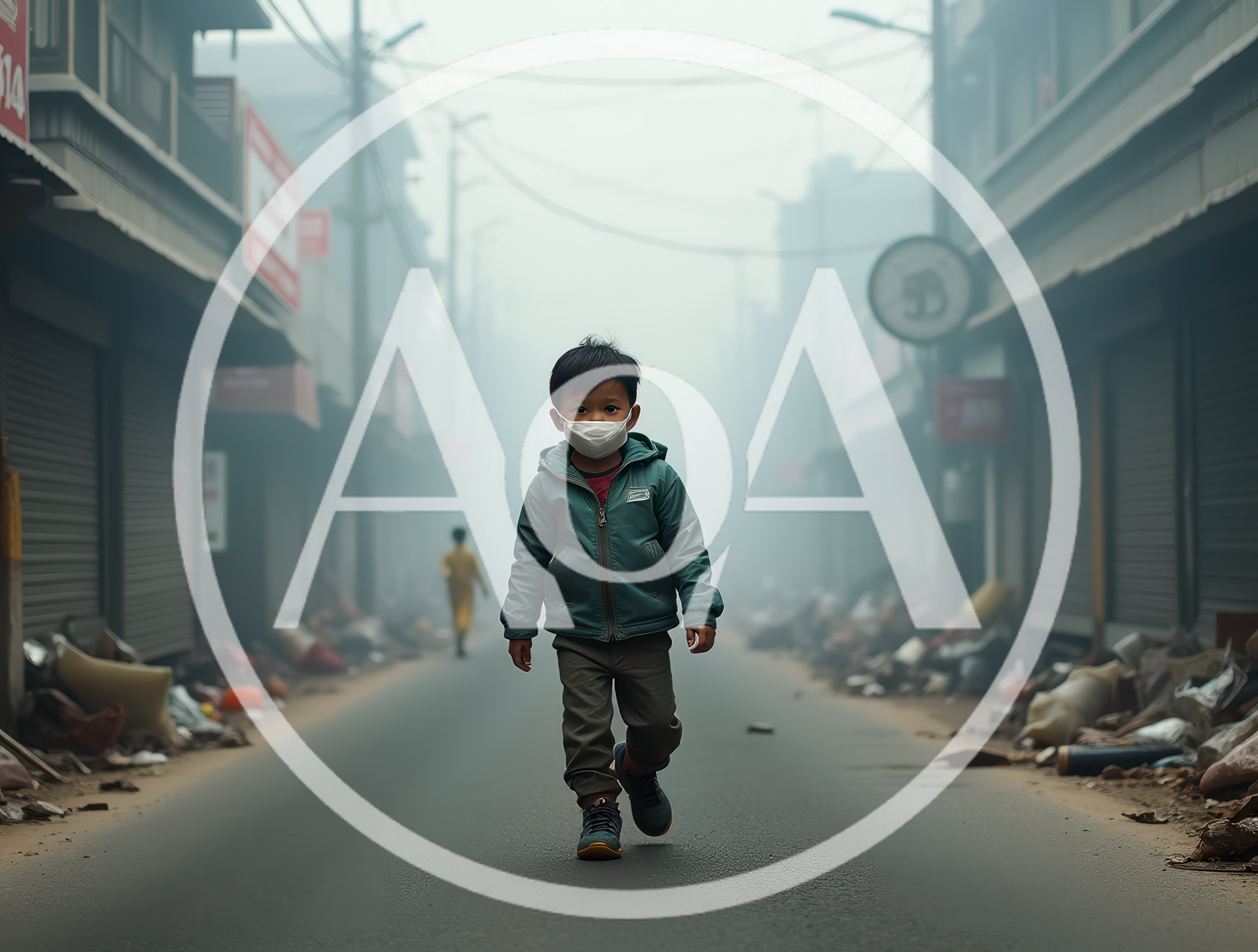 Young Boy Walking Through Smoggy Urban Street