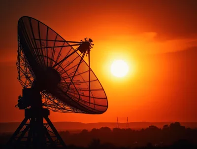 Large Satellite Dish Silhouette Against Vibrant Sunset