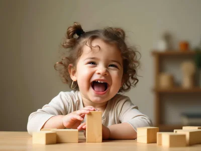 Happy Toddler Playing With Wooden Blocks At Table