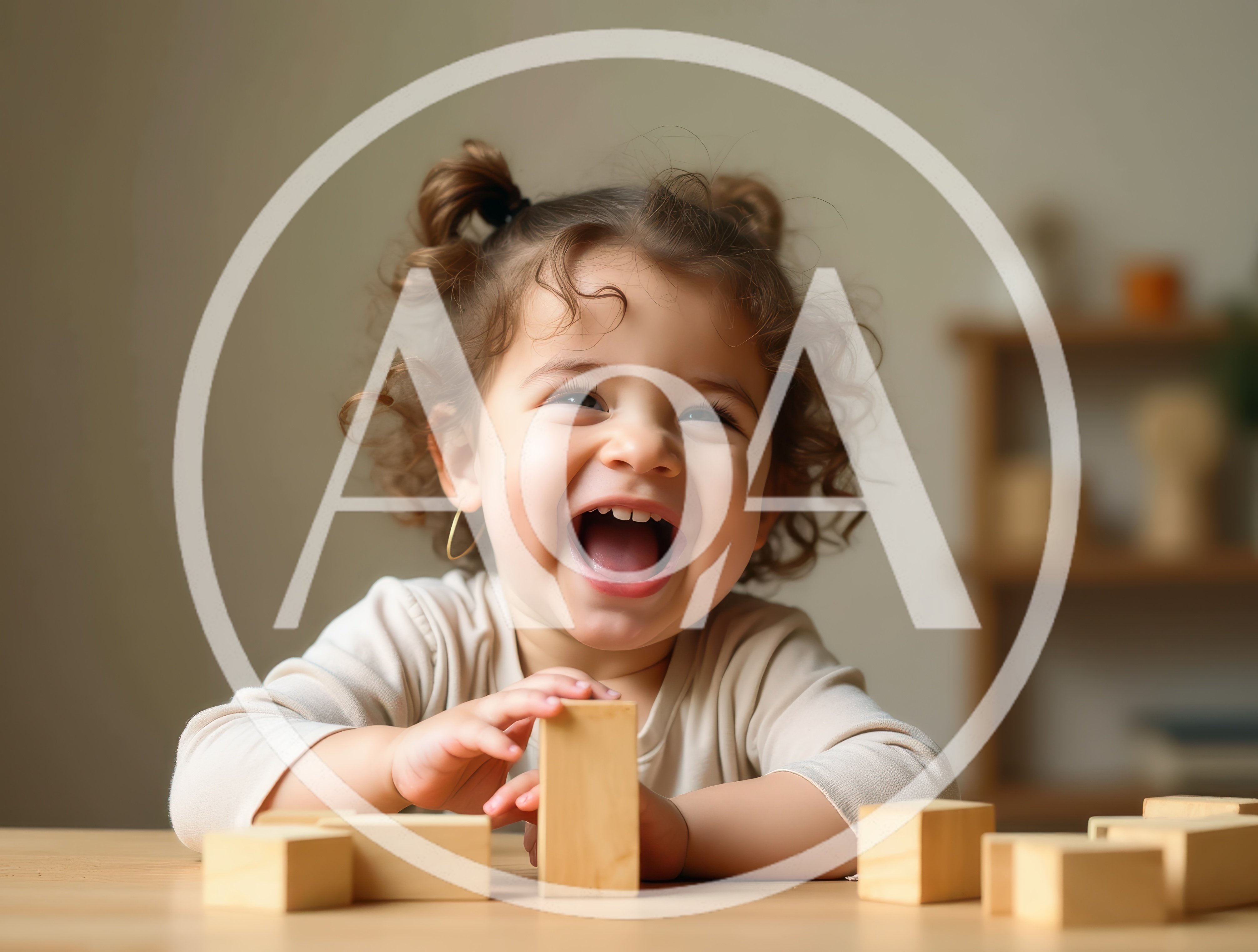 Happy Toddler Playing With Wooden Blocks At Table