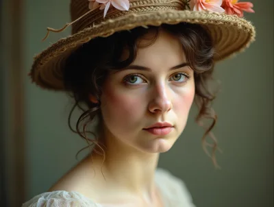 Portrait Of A Young Woman In A Vintage Straw Hat