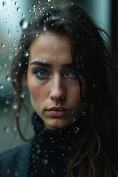 Portrait Of A Young Woman Behind Rain Streaked Glass
