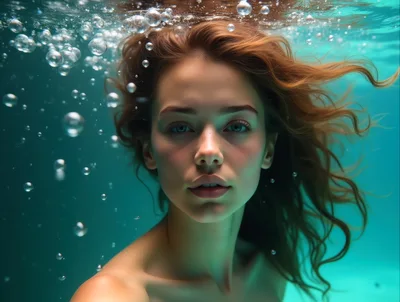 Young Woman Swimming Underwater With Bubbles