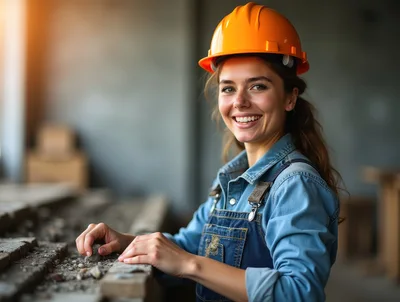 Smiling Female Construction Worker Examining Building Materials