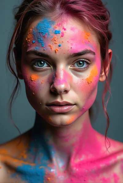 Portrait Of A Young Woman With Holi Powder Makeup