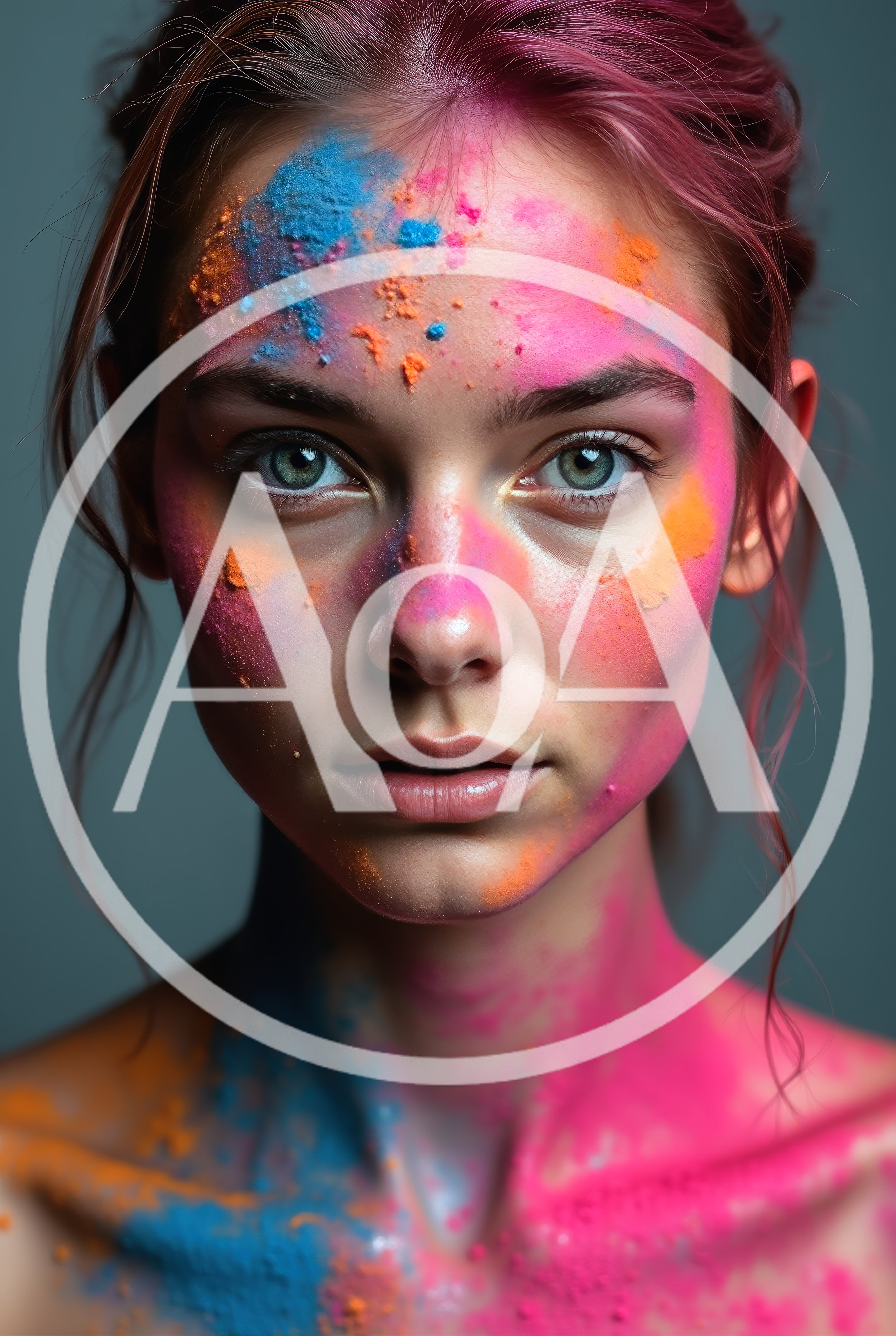 Portrait Of A Young Woman With Holi Powder Makeup