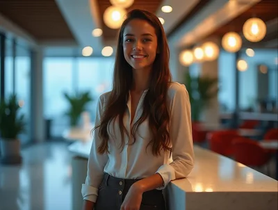 Smiling Professional Woman Leaning On Office Counter