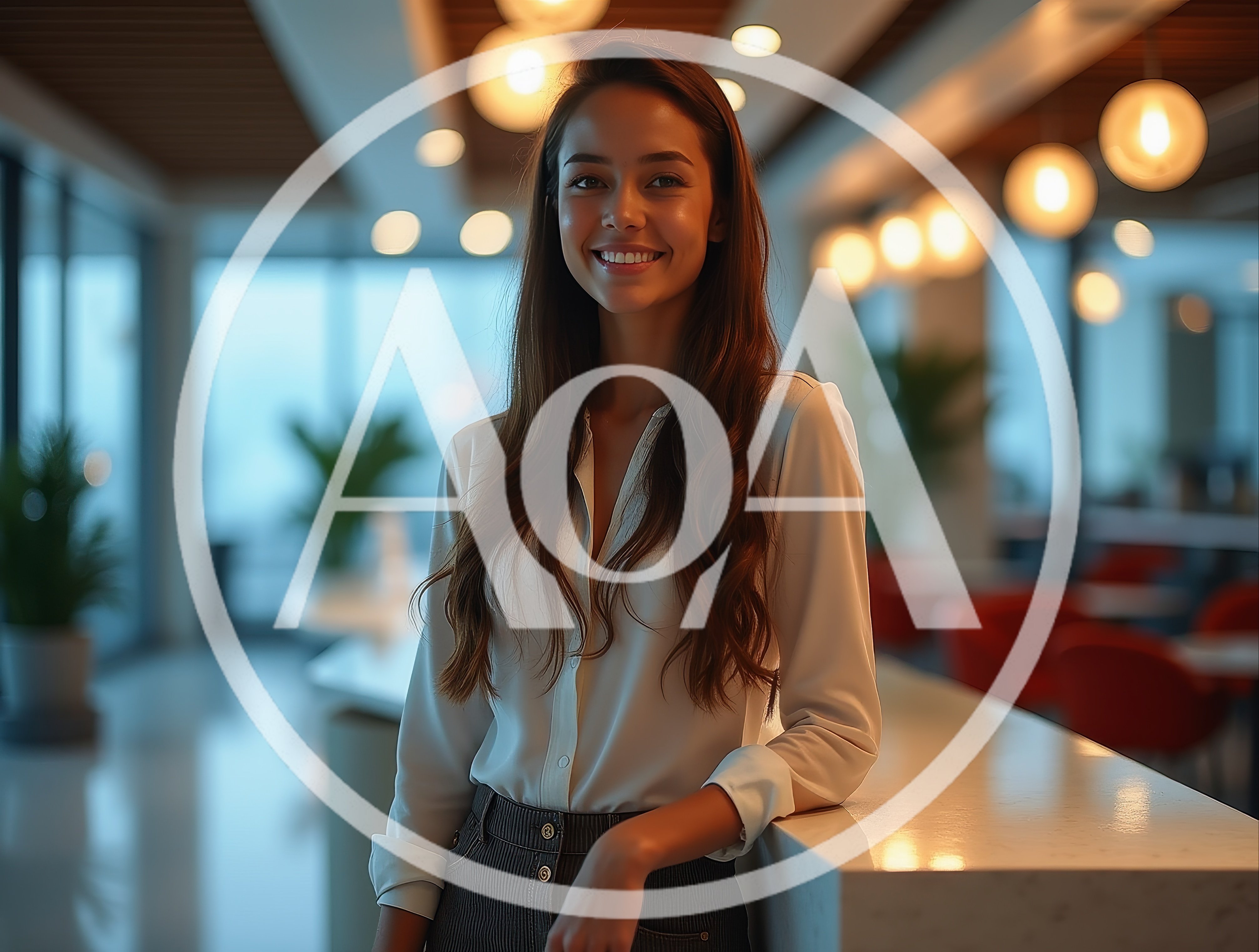 Smiling Professional Woman Leaning On Office Counter