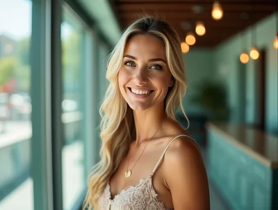 Smiling Blonde Woman Standing In A Modern Cafe