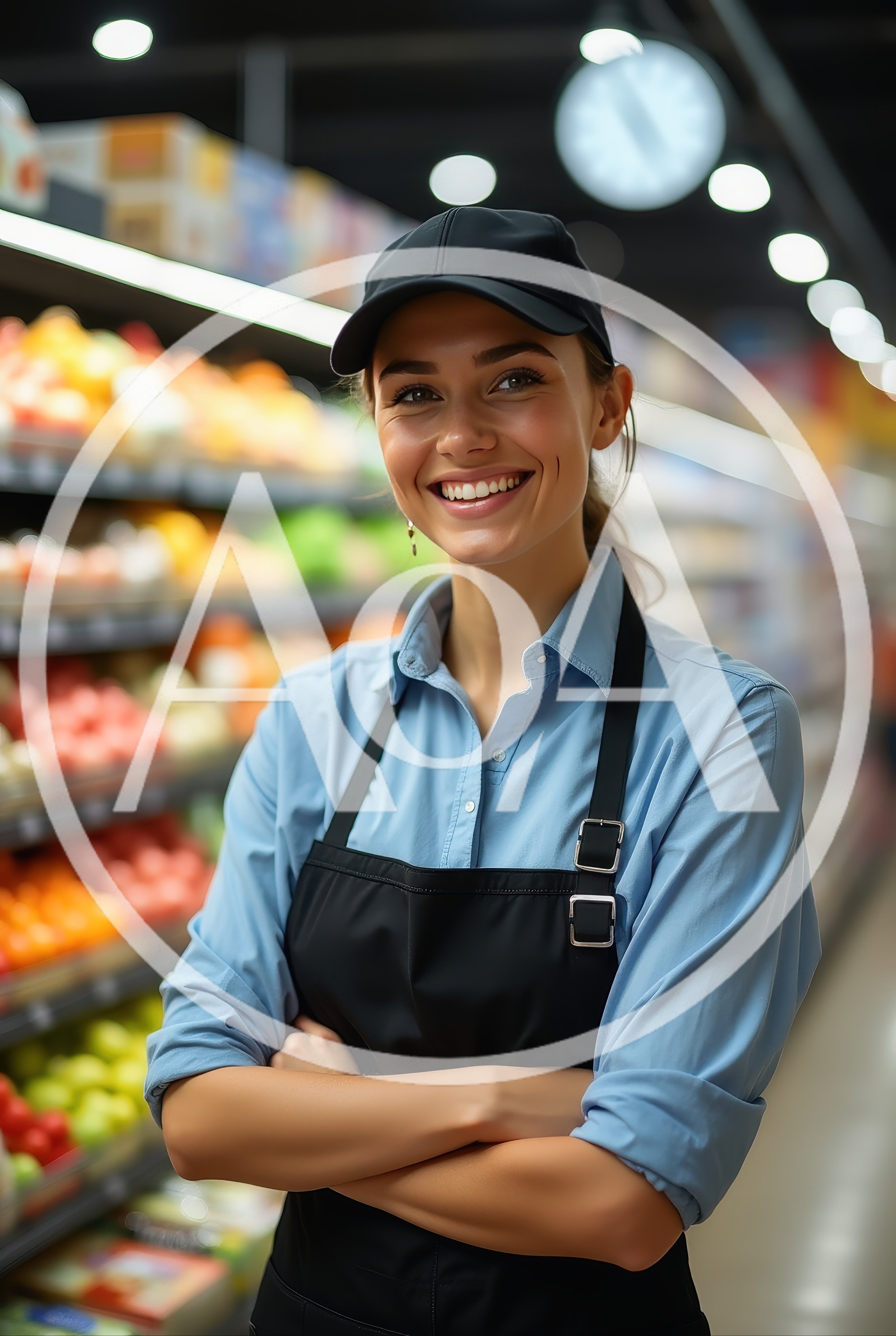 Smiling Female Grocery Store Employee Standing In Produce Aisle