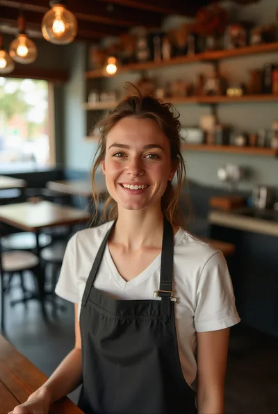 Friendly Female Barista Smiling In A Cozy Coffee Shop