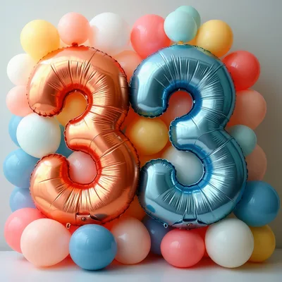 Number Thirty Three Foil Balloons With Pastel Balloon Backdrop