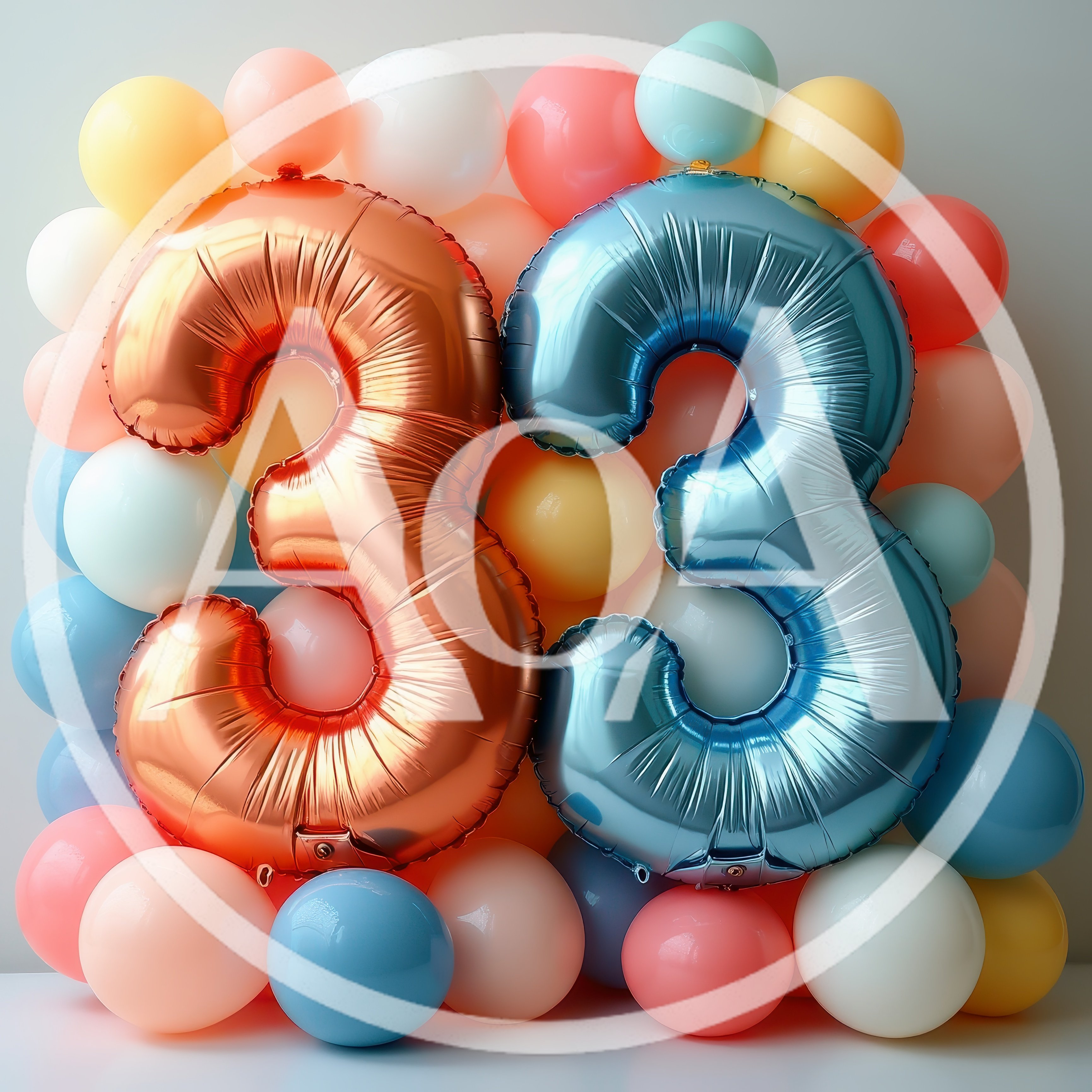 Number Thirty Three Foil Balloons With Pastel Balloon Backdrop