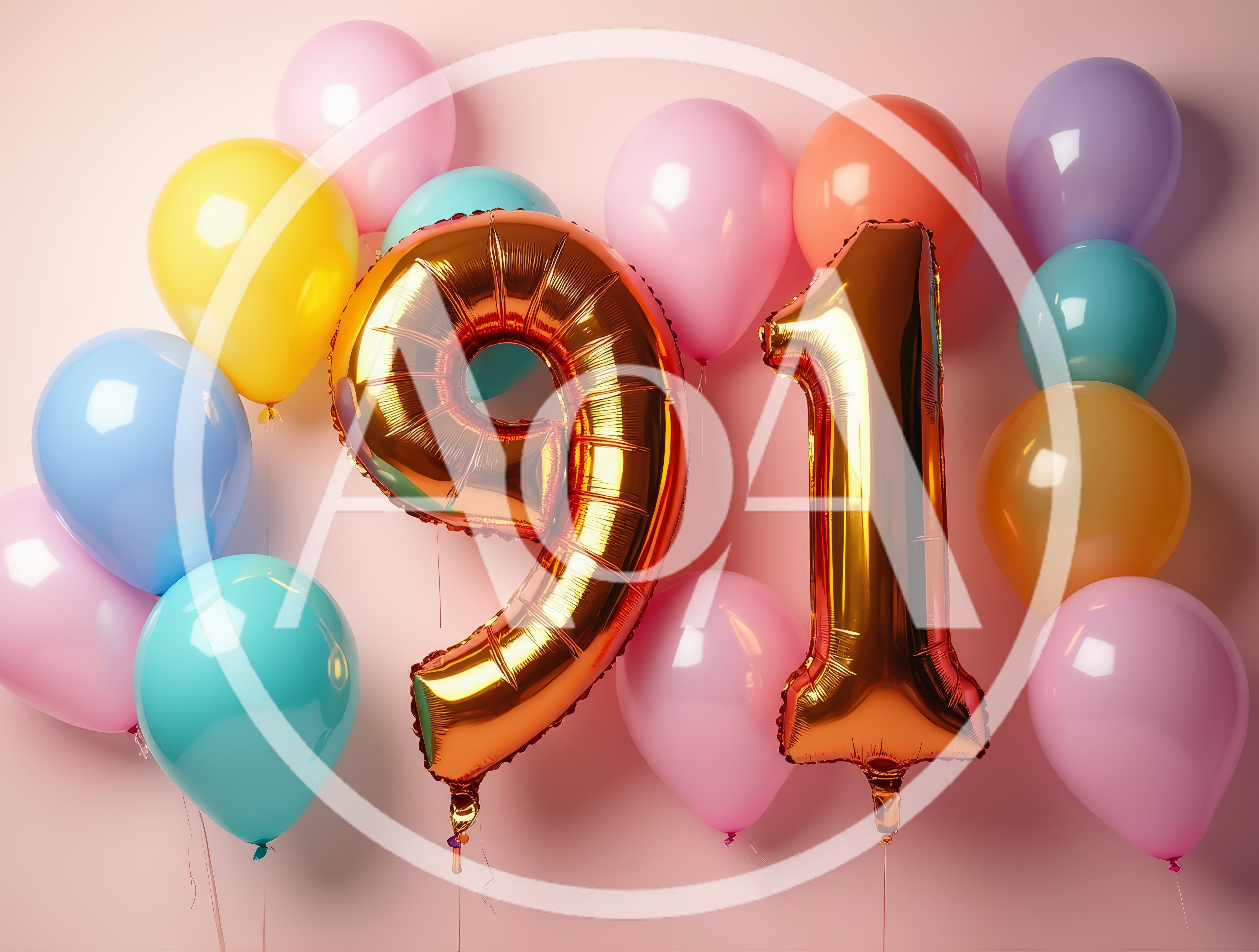 Gold Number 91 Balloons With Colorful Party Balloons