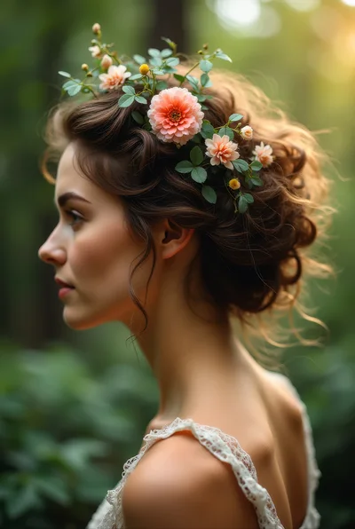 Profile Portrait Of A Woman With Floral Hair Accessories