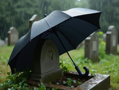 Black Umbrella Protecting A Gravestone In The Rain