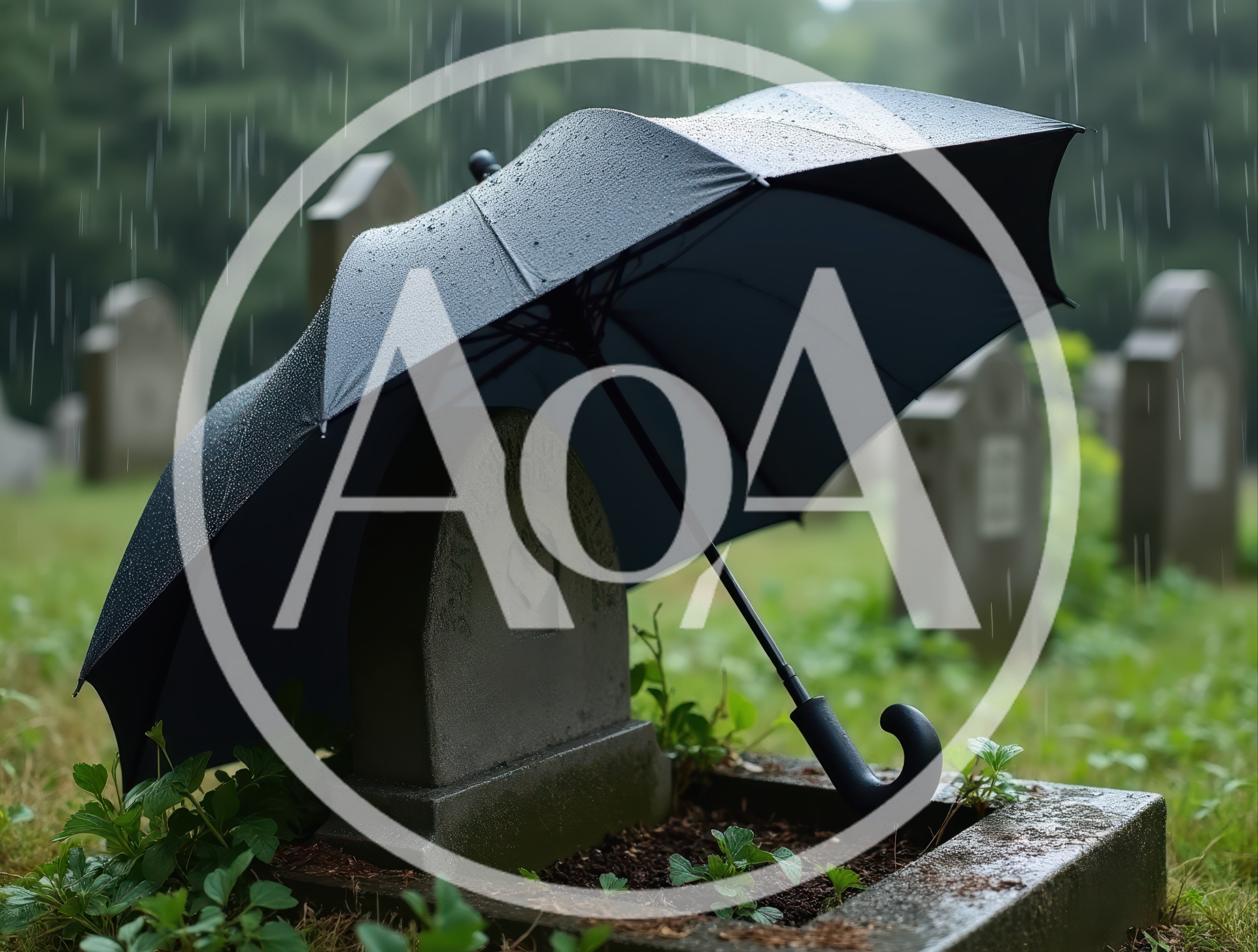 Black Umbrella Protecting A Gravestone In The Rain