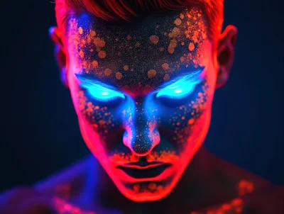 Glowing Neon Portrait Of A Man With Bioluminescent Skin