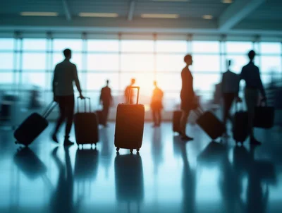 Silhouetted Travelers Walking Through A Bright Airport Terminal