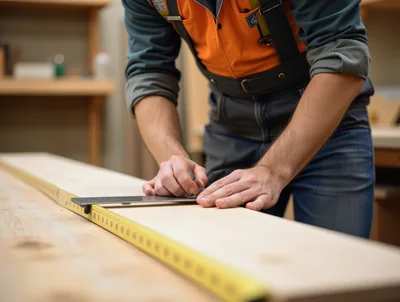 Carpenter Marking Measurements On Wooden Plank