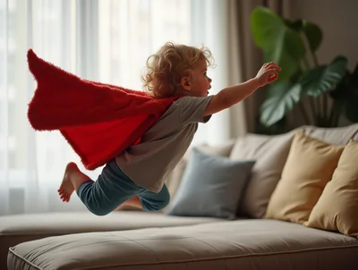 Toddler Playing Superhero With Red Cape At Home