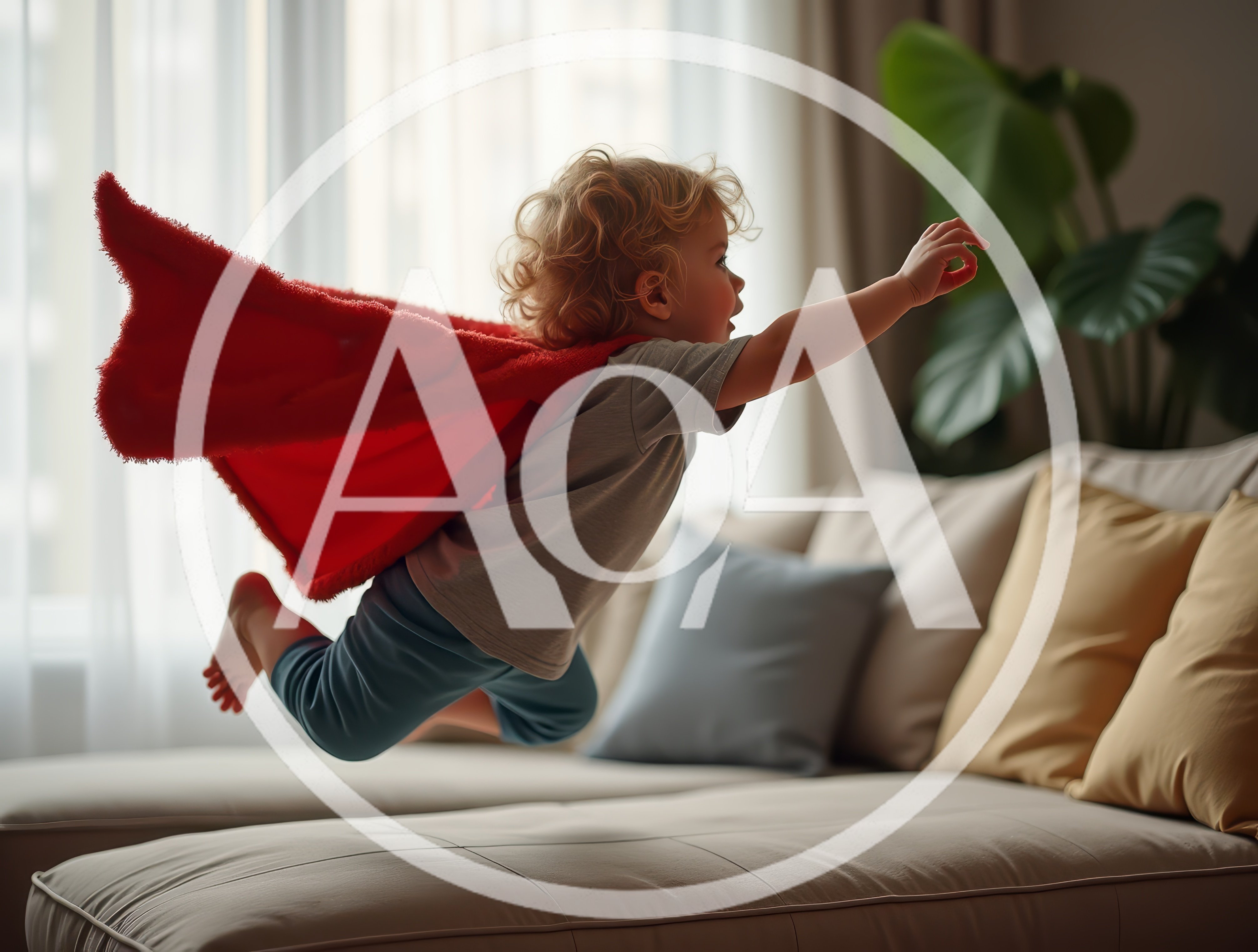 Toddler Playing Superhero With Red Cape At Home