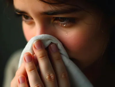 Close Up Of A Crying Woman Holding A Tissue