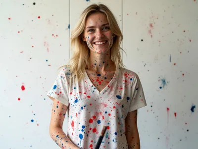 Smiling Young Woman Covered In Colorful Paint Splatters