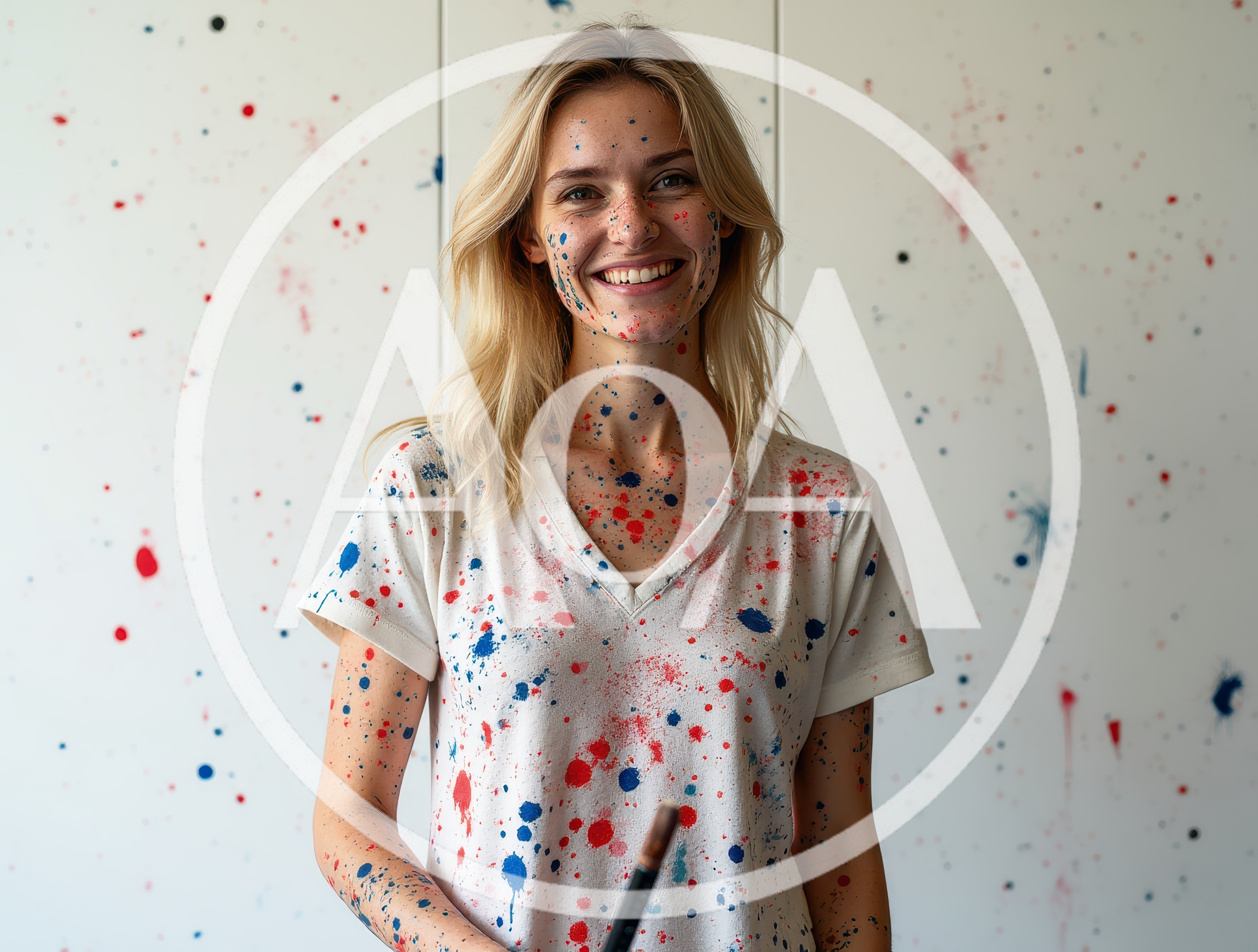 Smiling Young Woman Covered In Colorful Paint Splatters