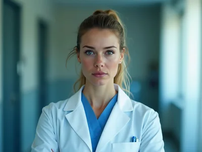Portrait Of A Professional Female Doctor In Hospital Corridor