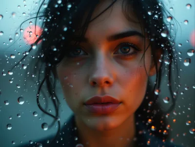 Portrait Of A Young Woman Behind Rain Streaked Glass