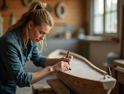 Young Woman Crafting A Wooden Boat Model