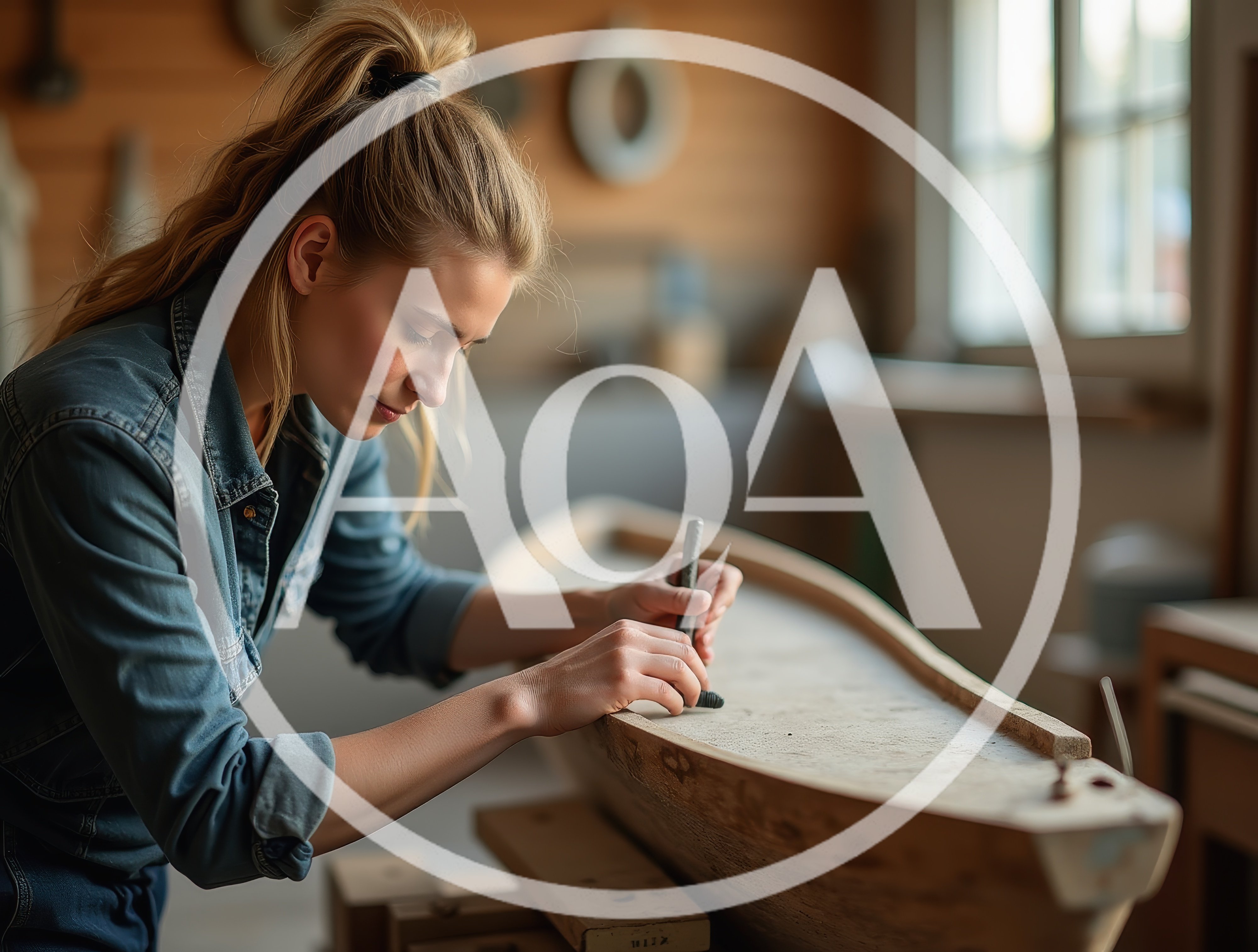 Young Woman Crafting A Wooden Boat Model
