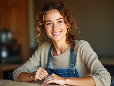 Smiling Young Woman Wearing Denim Overalls