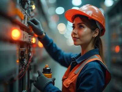 Female Electrical Engineer Operating Industrial Control Panel