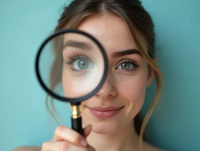 Young Woman Looking Through A Magnifying Glass