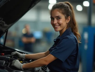 Female Mechanic Working On Car Engine In Auto Shop