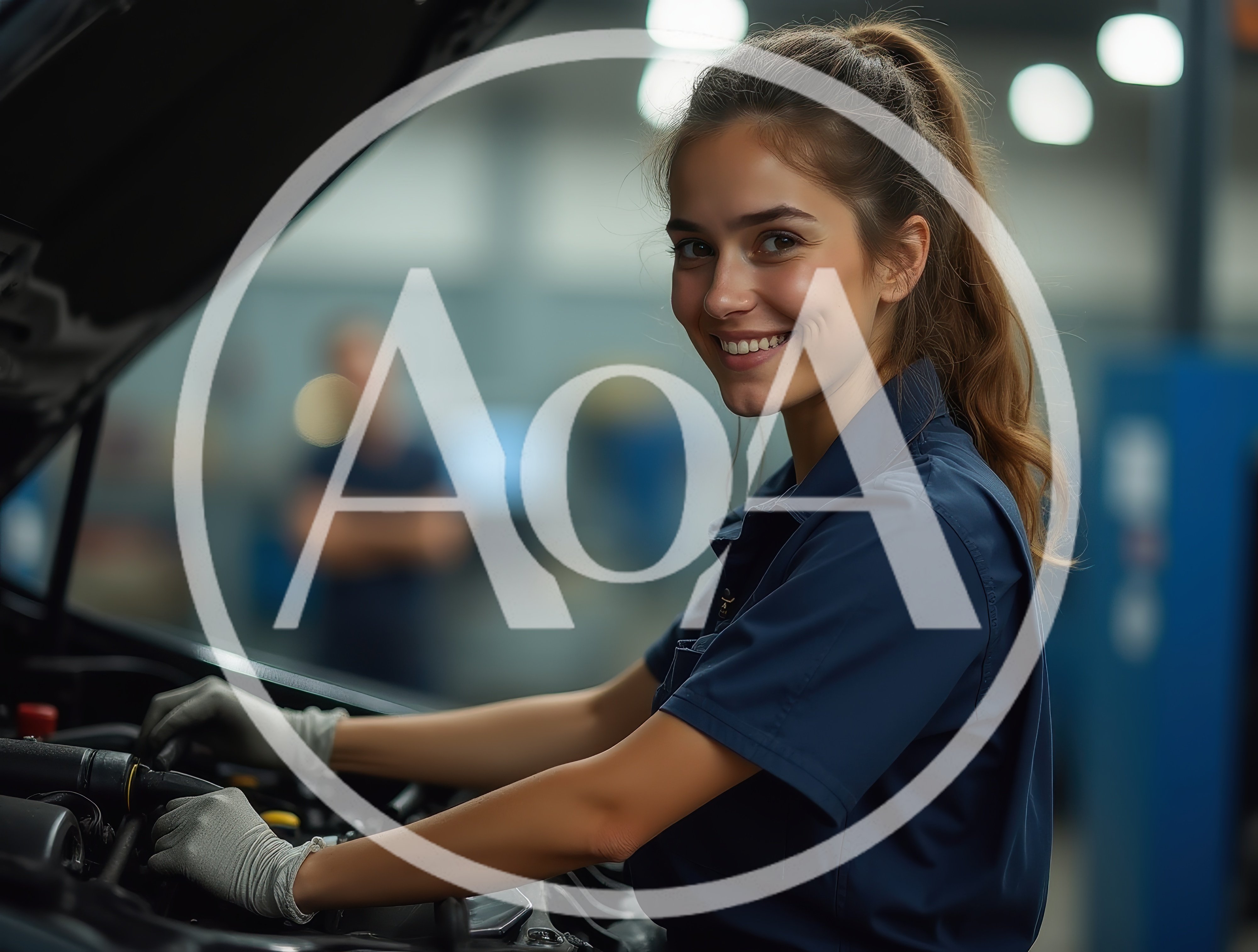 Female Mechanic Working On Car Engine In Auto Shop