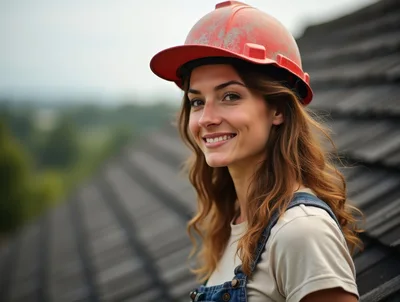 Smiling Female Construction Worker On A Rooftop