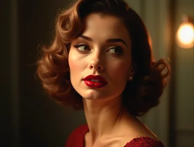 Elegant Woman With Vintage Hairstyle And Red Lipstick