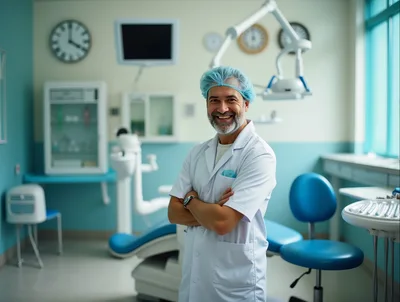 Smiling Male Dentist Standing In Modern Dental Clinic