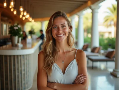 Smiling Woman Standing On A Resort Terrace