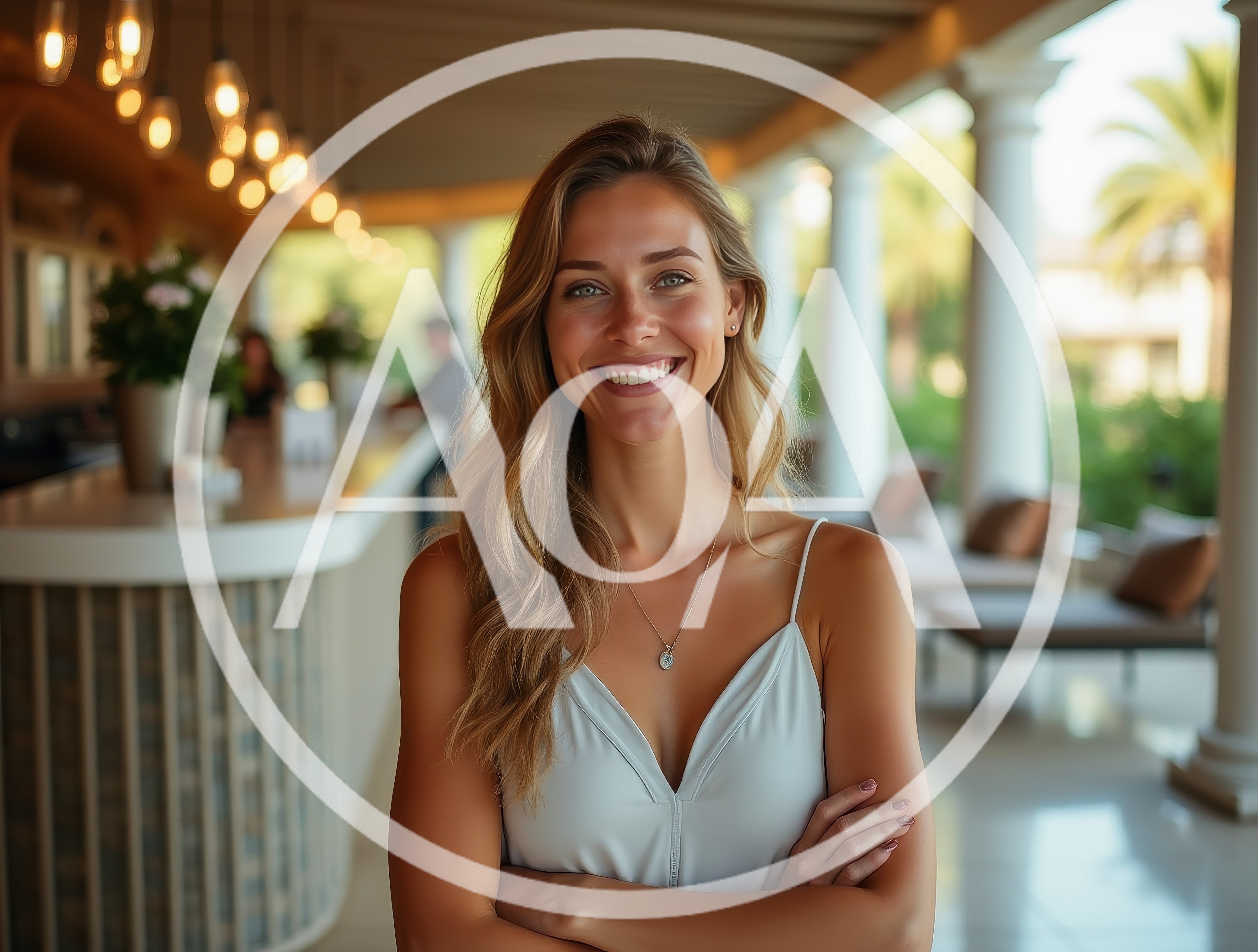 Smiling Woman Standing On A Resort Terrace