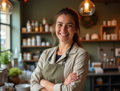 Smiling Female Barista Standing In A Cozy Coffee Shop