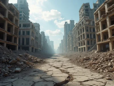 Desolate Ruined City Street After Conflict